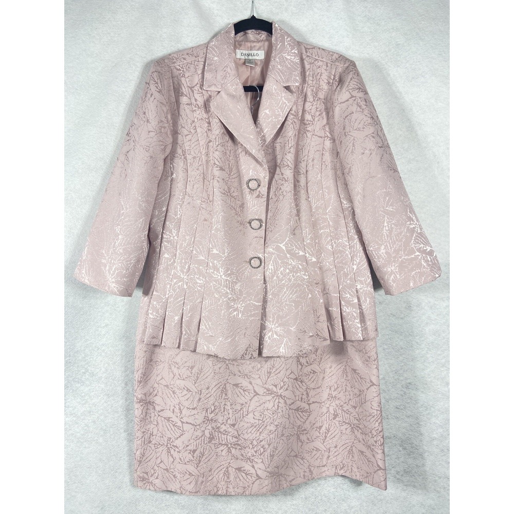 Danillo 2PC Skirt Suit Women's 14 Baby Pink Blazer Buttons Quilted Shiny